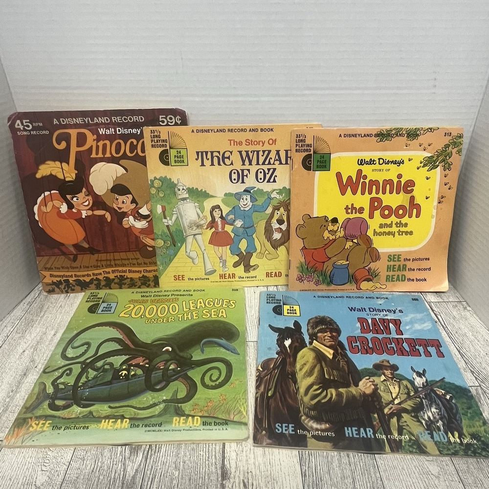 Vintage Disneyland Read Along Record Lot 7" Pinocchio Pooh Oz 20,000 Leagues